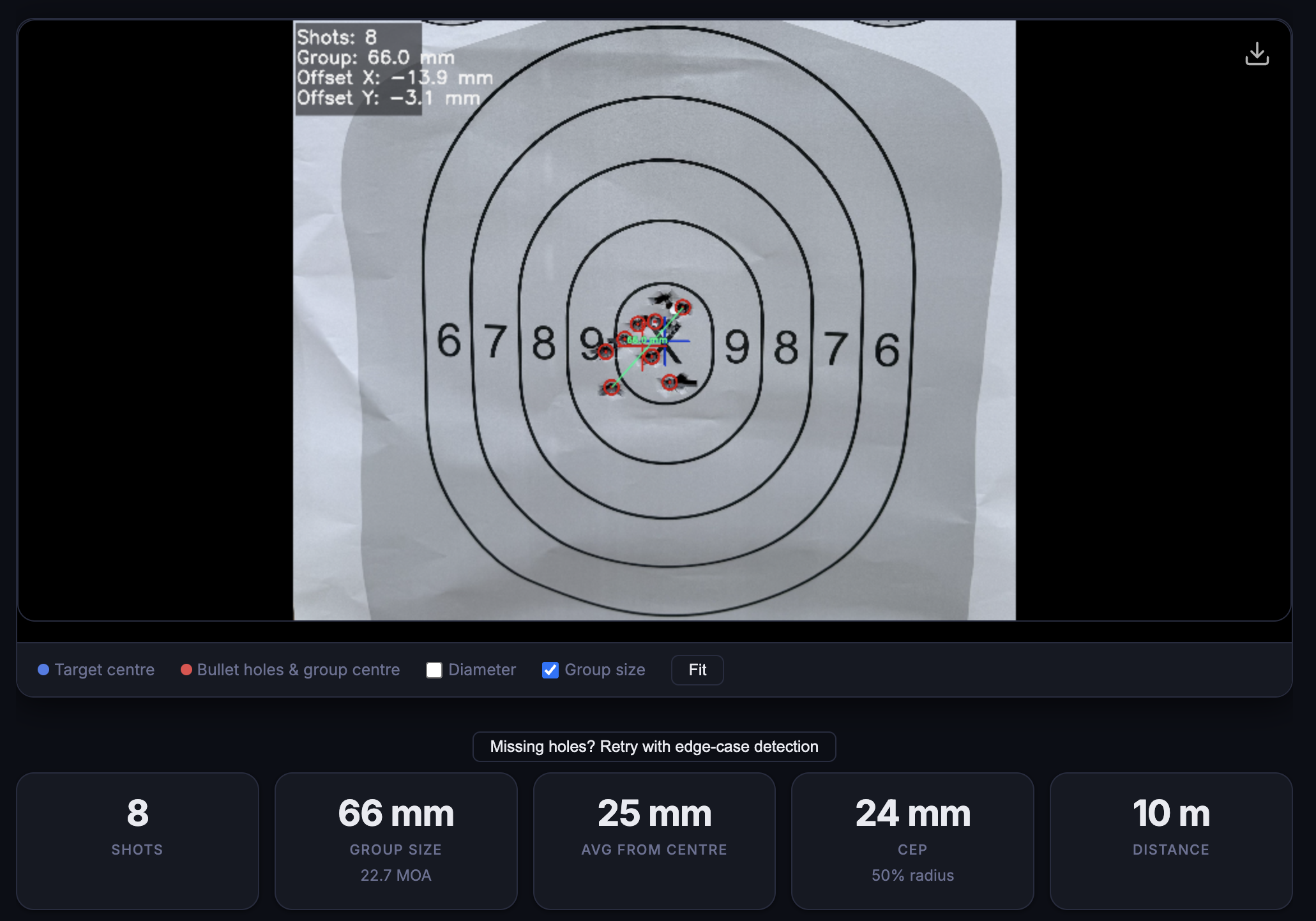 Shotalyze annotated target: 8 detected shots, 66mm group size, 22.7 MOA, center offset measured