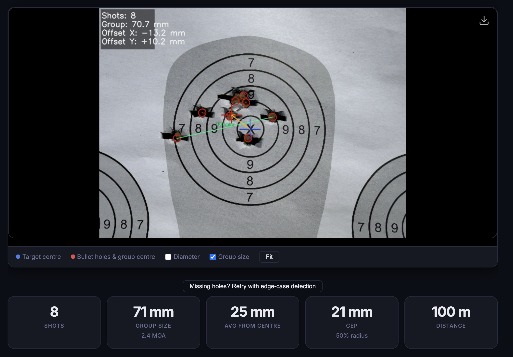 Shotalyze analysis: 8 shots on rifle target at 100m, 71mm group (2.4 MOA), automatic hole detection